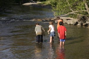 children exploring in a river
